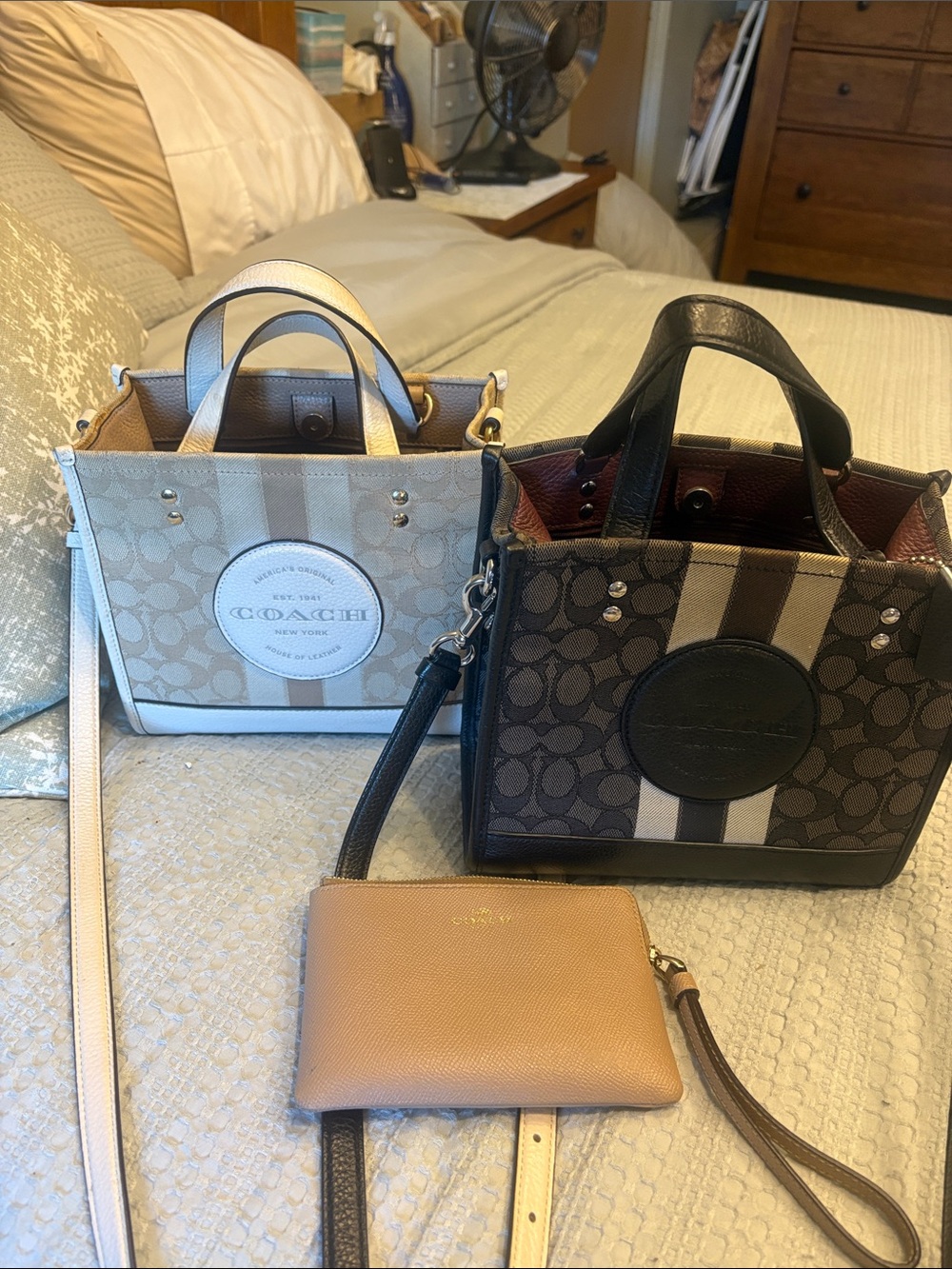 Coach Mini Signature Crossbody Totes in Beige & Dark Brown
